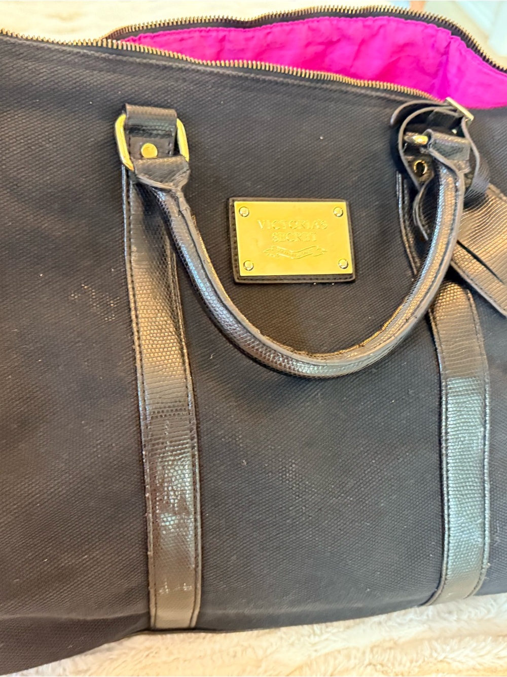 Victoria's Secret Black Duffel Bag with Pink Interior